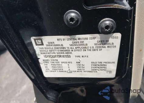 2003 Cadillac Escalade Standard z USA, uszkodzony, nr VIN 1GYEC63T73R187253